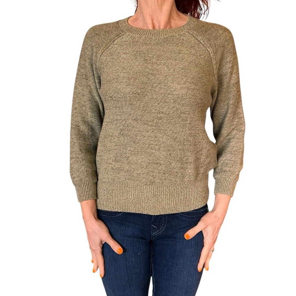 MARELLA MONOCHROME KNIT SWEATER CREW NECK GREEN GOLD METALLIC PULLOVER JUMPER S